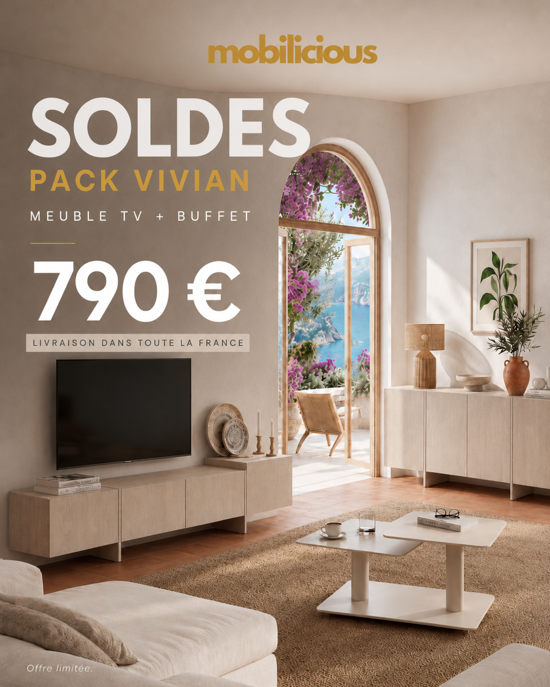 Soldes — Pack Vivian : meuble TV + buffet, 790 € au lieu de 989 €, livraison gratuite en France